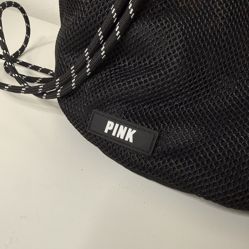 Victoria Secret PINK Draw String Mesh Pocket BAG Backpack BLACK GYM SCHOOL - Picture 3 of 10